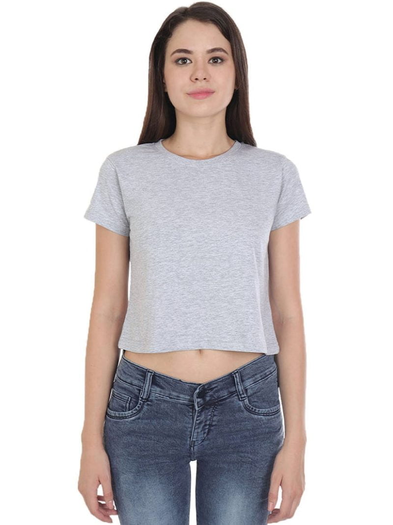 Plain Women's Grey Melange Half Sleeve Crop top